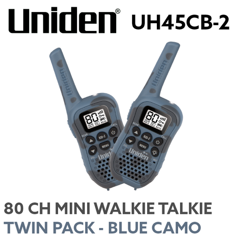 Uniden UH45CB-2 80-Channel UHF CB Handheld Radio with Kid Zone – Blue Camo Twin Pack